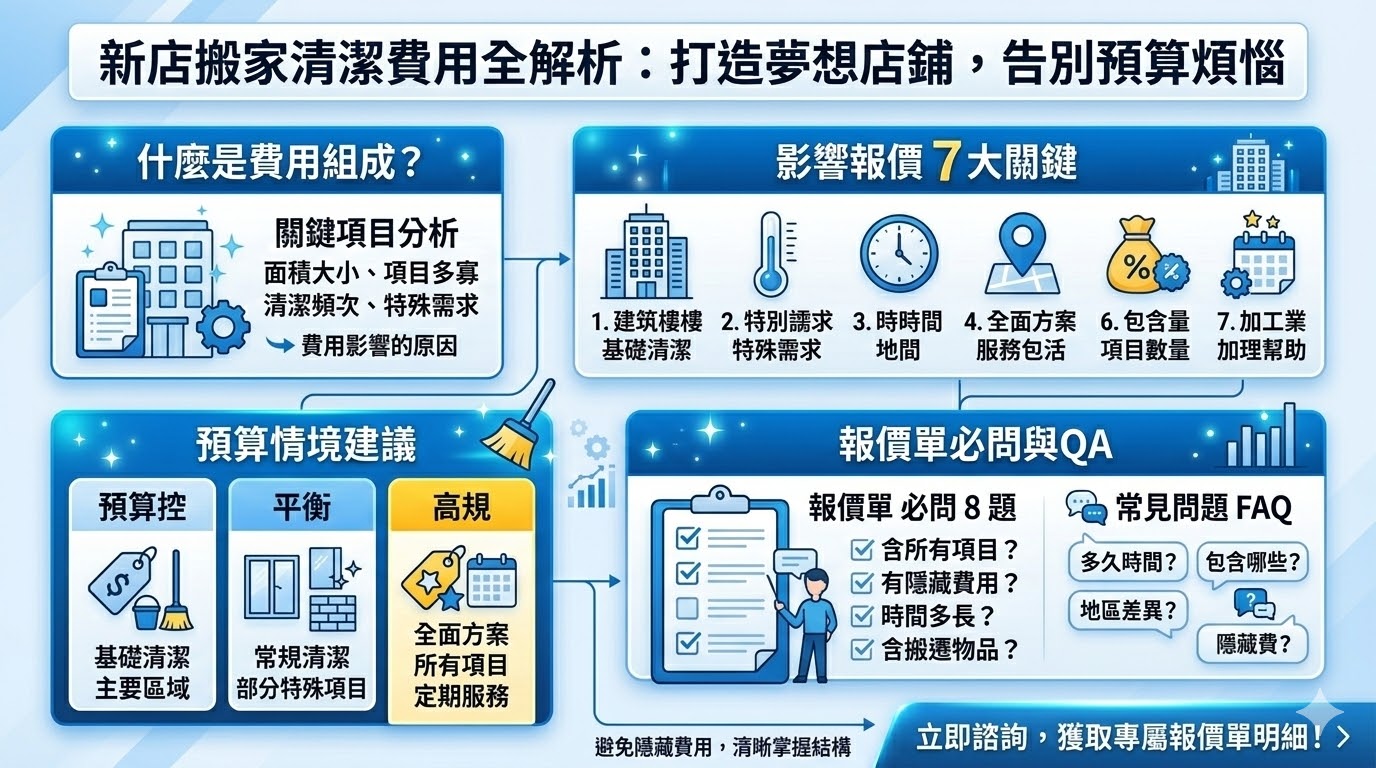 新店搬家清潔是每位店主在開業或搬遷後不可忽視的一項工作。這項清潔服務通常涵蓋地面、窗戶、牆面等區域,確保店鋪在開業前達到最佳的衛生標準。費用會根據清潔面積、所需項目及清潔頻次有所不同。了解新店搬家清潔的費用組成與影響報價的因素,能幫助店主選擇適合的服務方案,避免隱藏費用並確保服務品質。